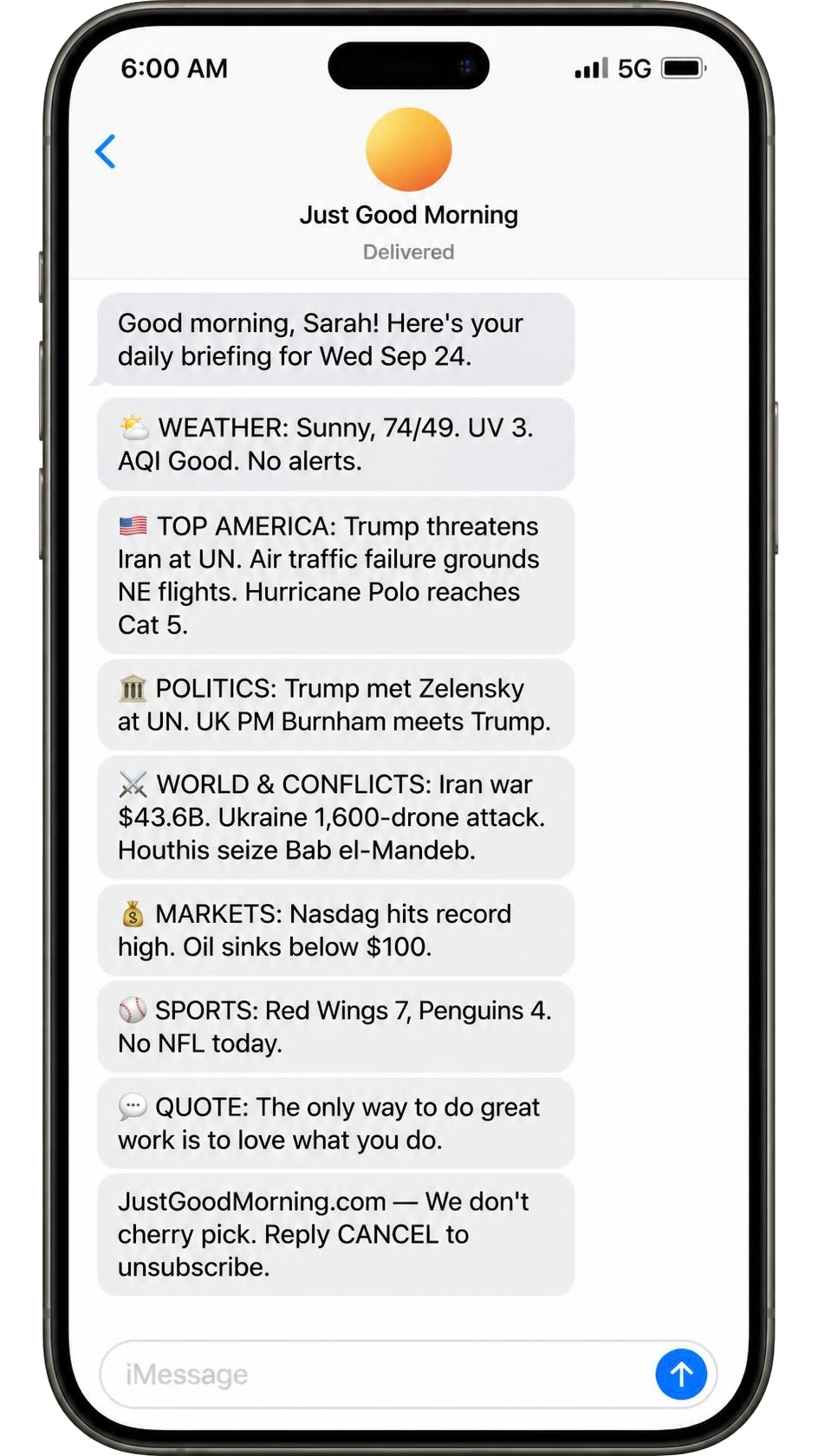 iPhone preview of Just Good Morning briefing